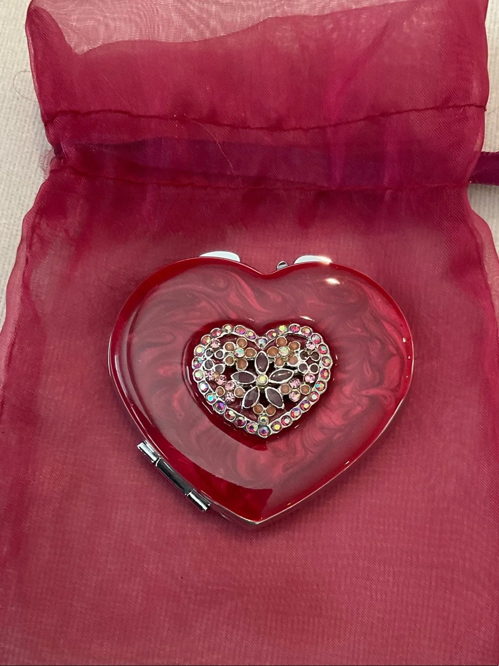 Spring Street Red Heart Compact Mirror with Jeweled Center